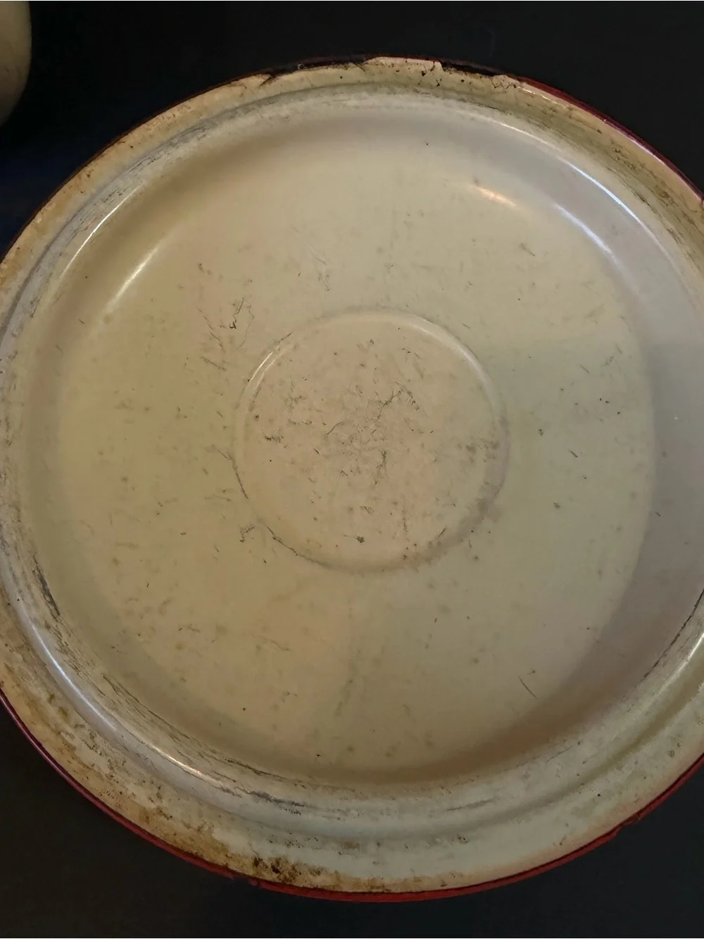 Vintage Tan & Red Trim Porcelain Enamel Cookware Pot Farmhouse Rustic Lid Chippy